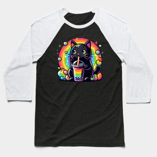 Cat Drinking Rainbow Bubble Tea Baseball T-Shirt